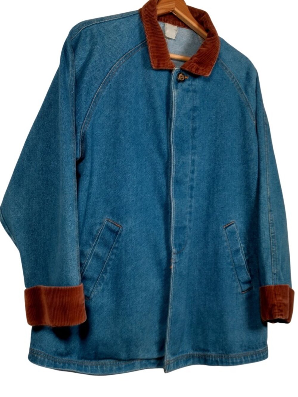 Vintage Denim Jean Jacket Barn Coat Women L XL Brown Corduroy Collar - Picture 2 of 16